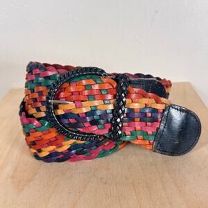 VTG Multicolor Braided Womens Leather Belt Wide Rainbow 32-34” Bohemian Festival